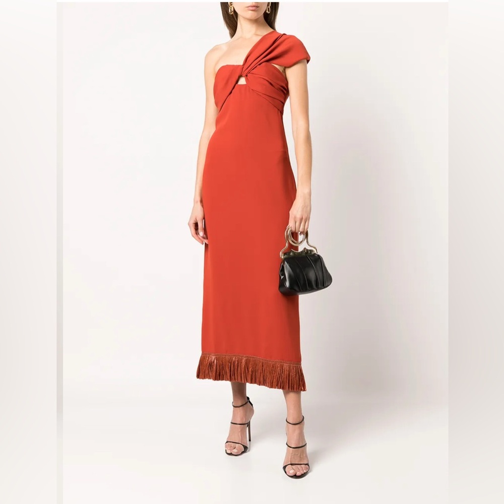 Johanna Ortiz Amaretto Lips Orange/Brown one shoulder Midi Dress